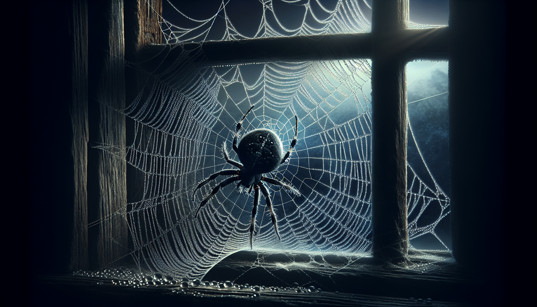 Spider on dewy web near window at dusk.