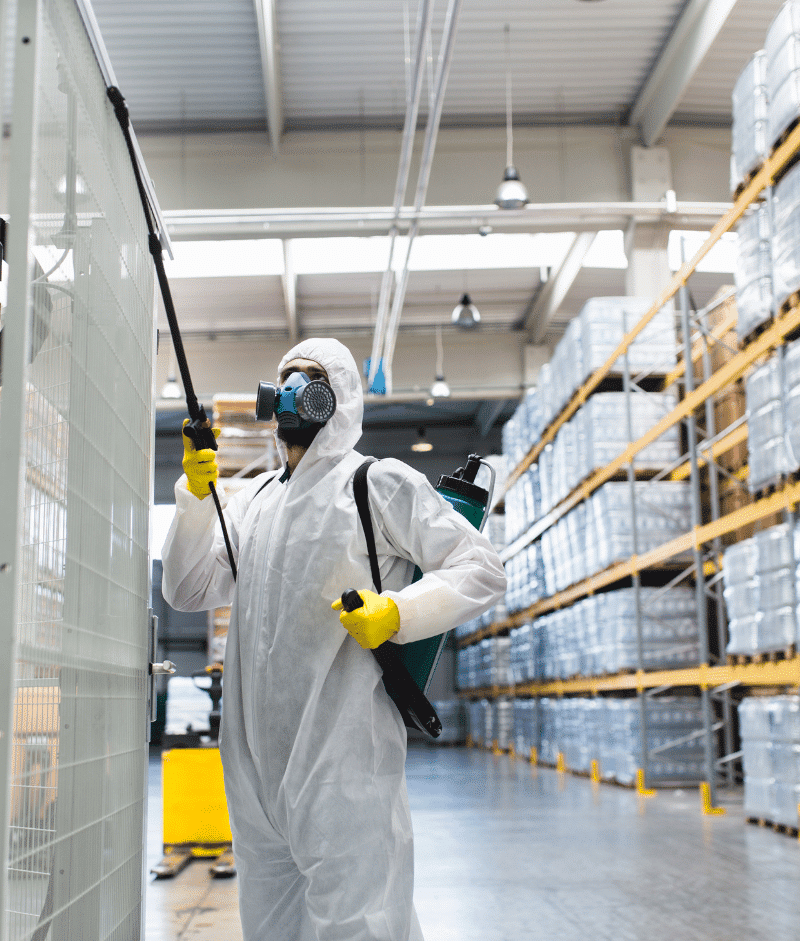 Person in hazmat suit disinfecting warehouse.