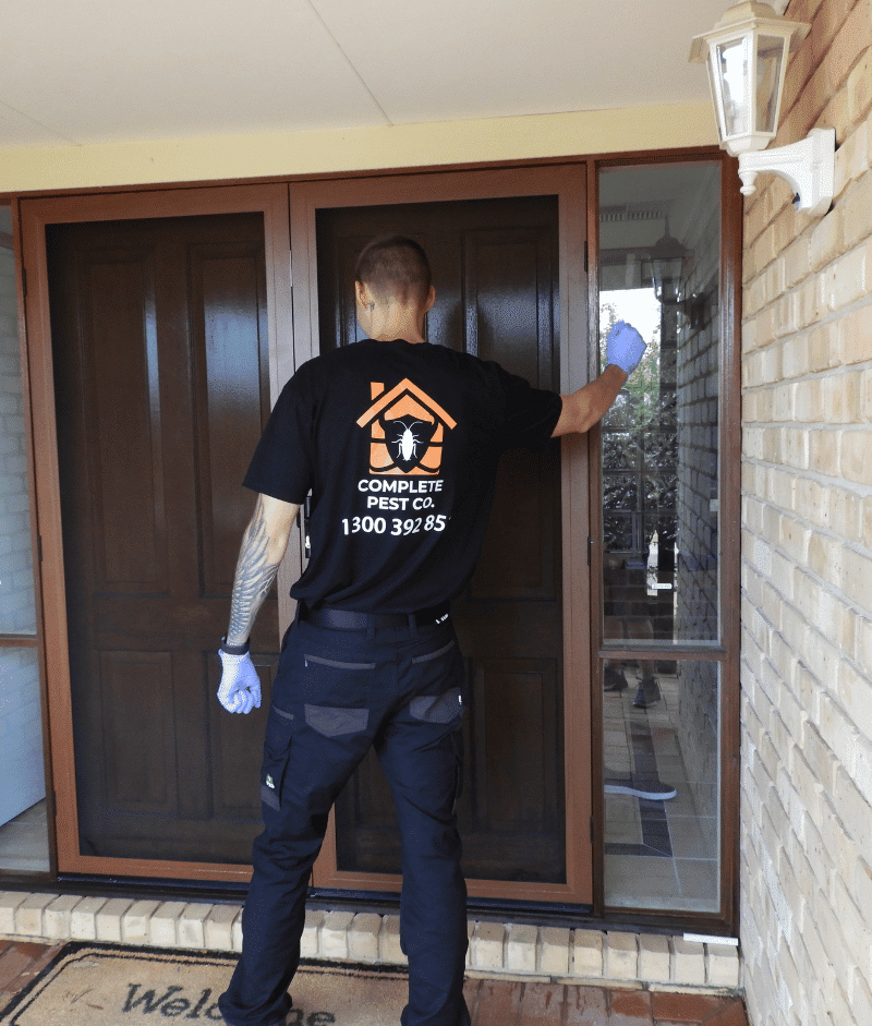 Pest control professional knocking on residential front door.